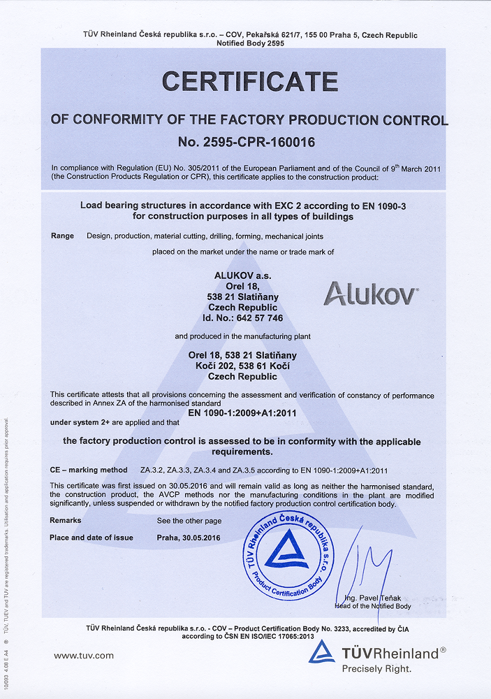 CE certificate for Alukov
